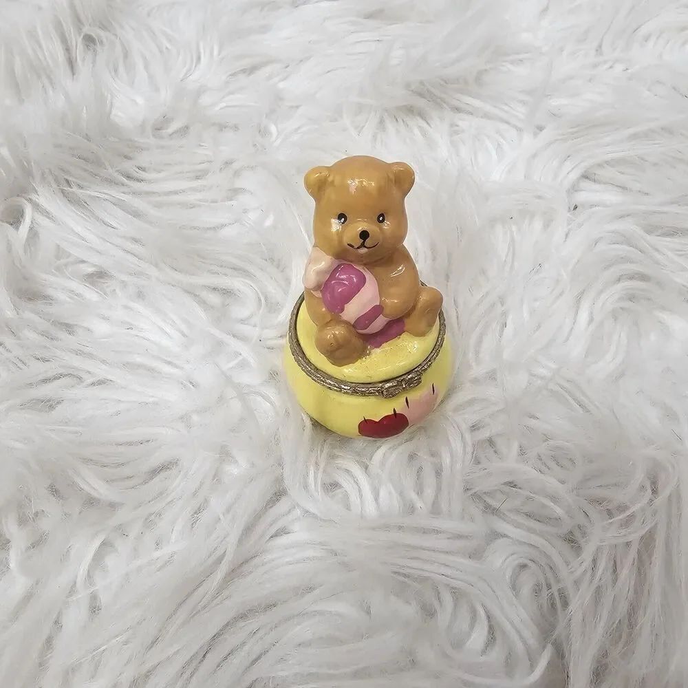 Vintage Hinged Trinket Box Hand Painted Teddy Bear Figurine Knick Knack